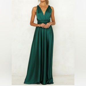 Satin emerald green maxi wedding guest dress